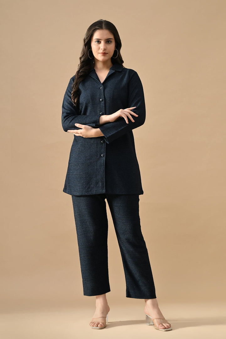 Winter Blue Solid Knitted Co-Ord Set