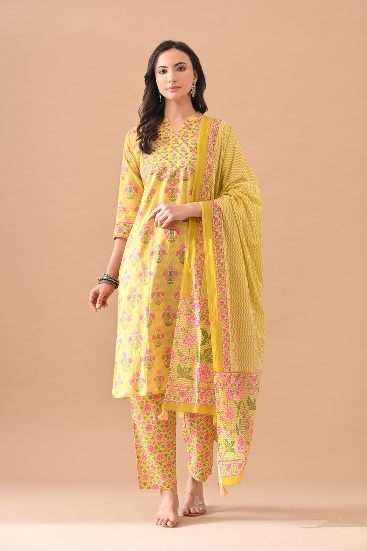 Yellow Floral Printed Kurta 3 Pcs Set