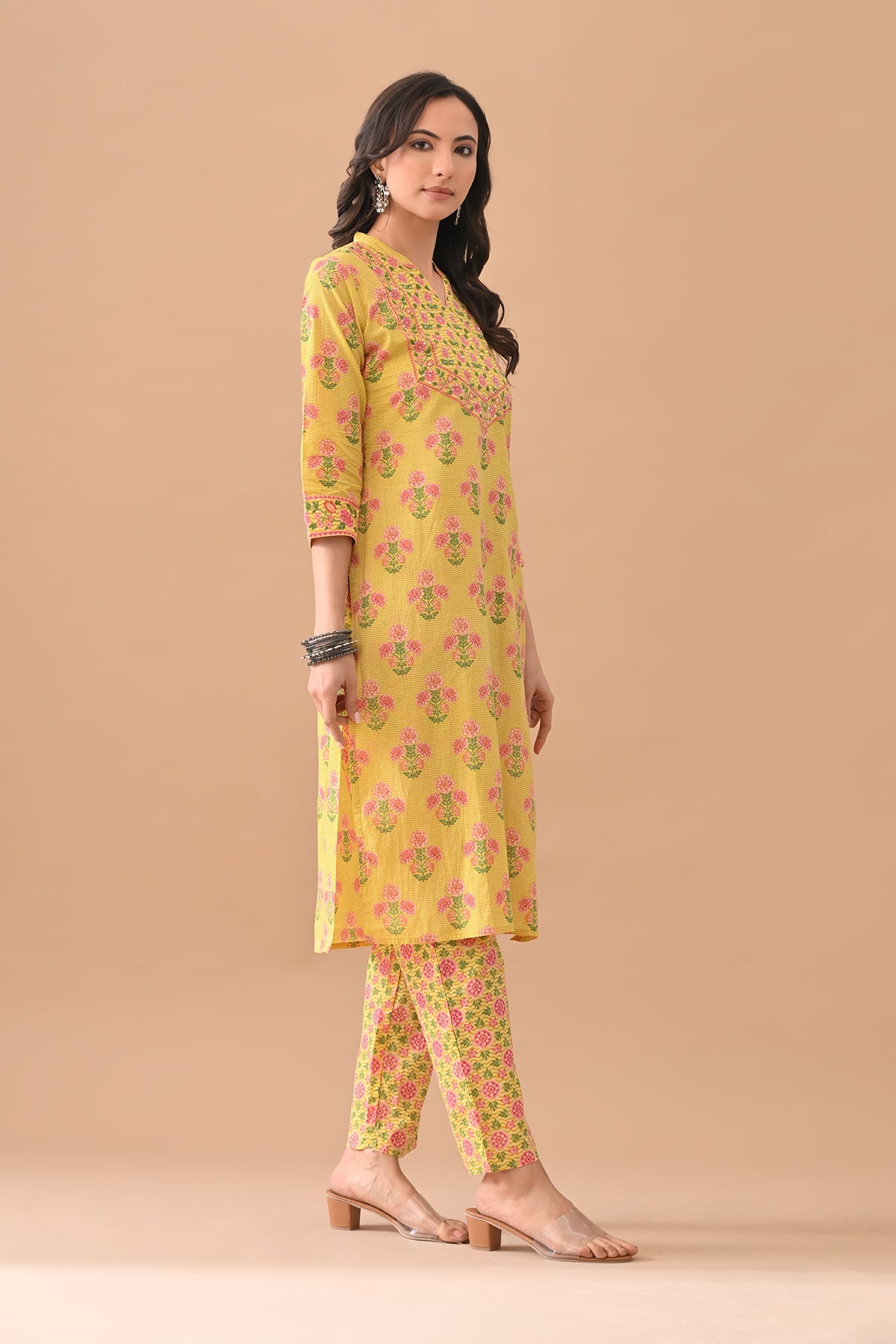 Yellow Floral Printed Kurta 3 Pcs Set