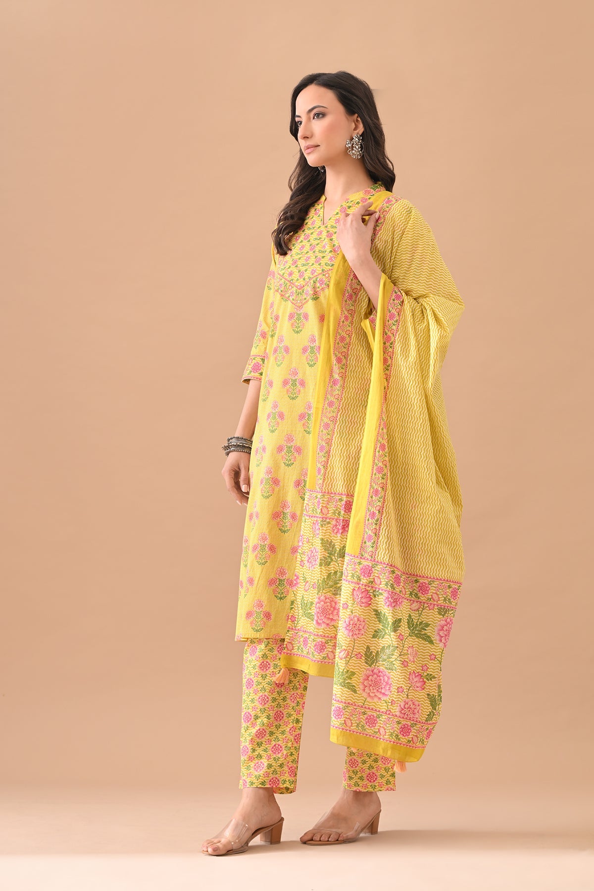 Yellow Floral Printed Kurta 3 Pcs Set