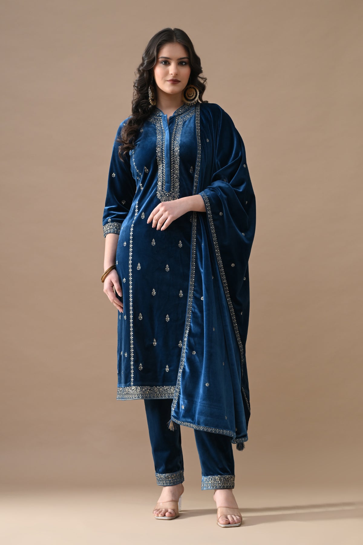 Teal Zari Embroidered Kurta 3 Pcs Set