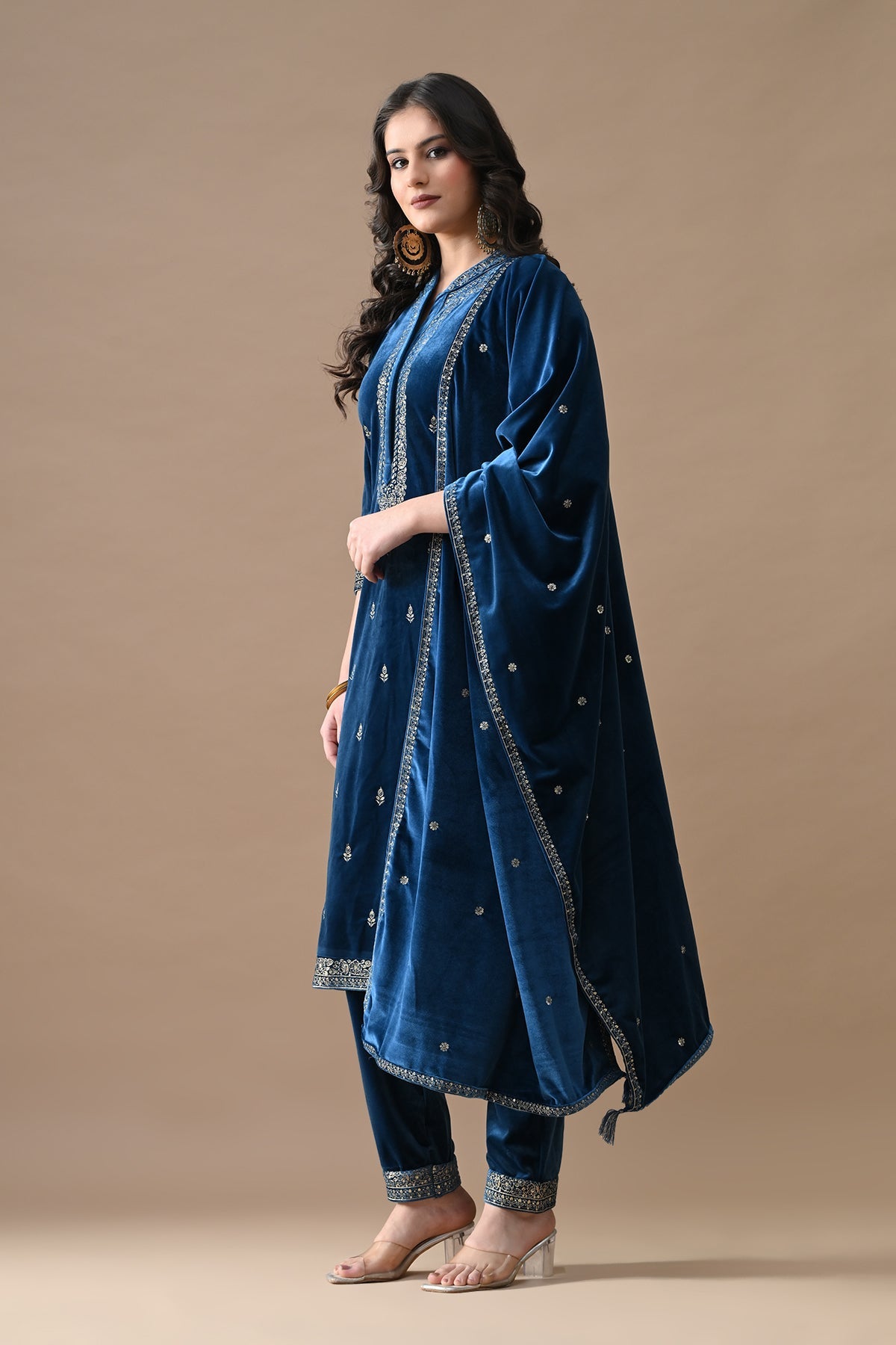 Teal Zari Embroidered Kurta 3 Pcs Set