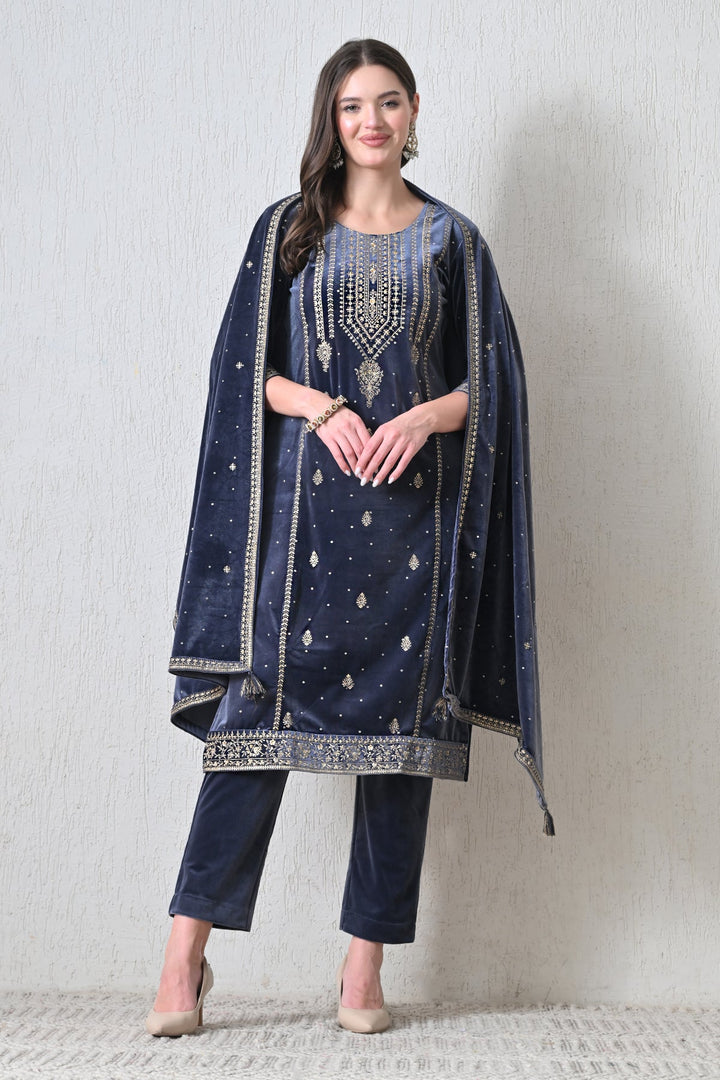 Winter Grey Zari Embroideredred Solid Velvet Kurta Set