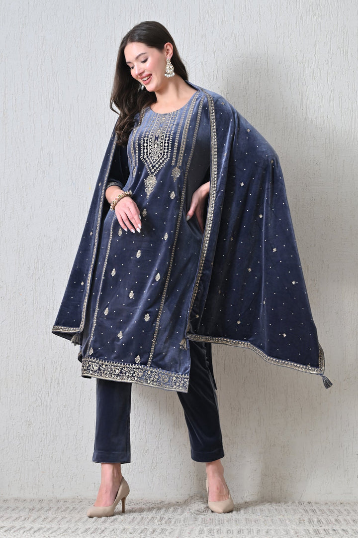 Winter Grey Zari Embroideredred Solid Velvet Kurta Set