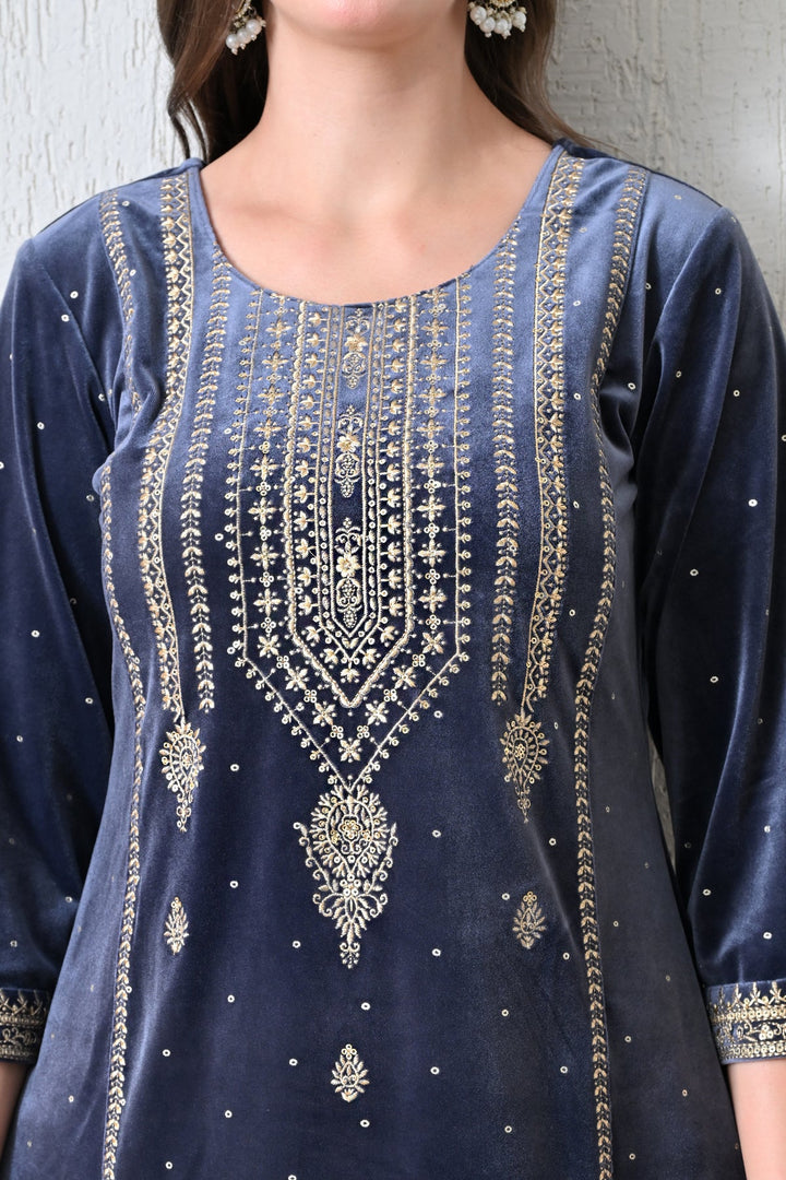 Winter Grey Zari Embroideredred Solid Velvet Kurta Set