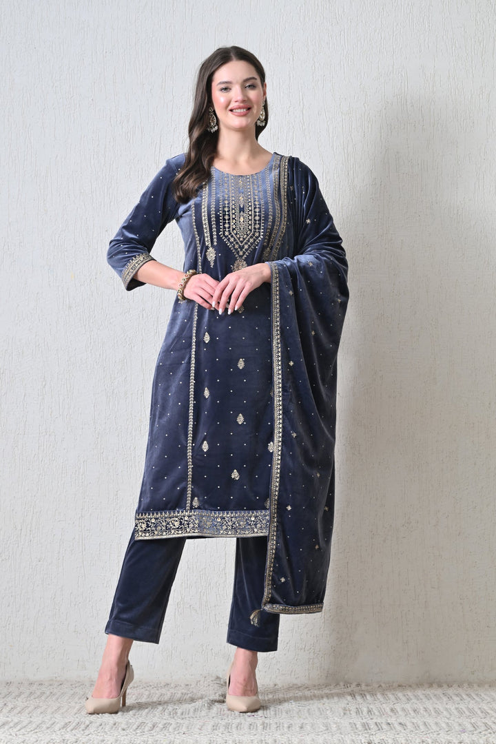 Winter Grey Zari Embroideredred Solid Velvet Kurta Set