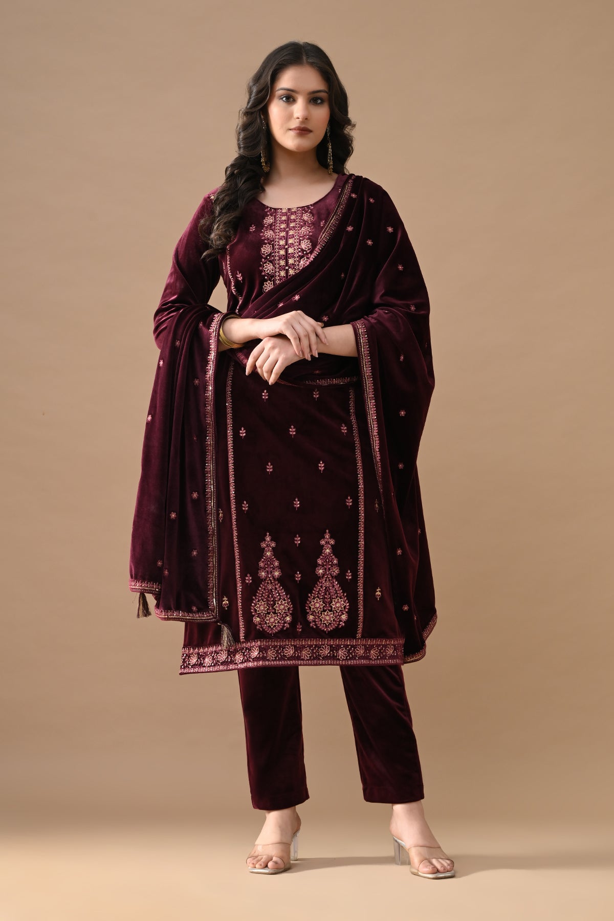 Maroon Embroidered Velvet Kurta 3 Pcs Set