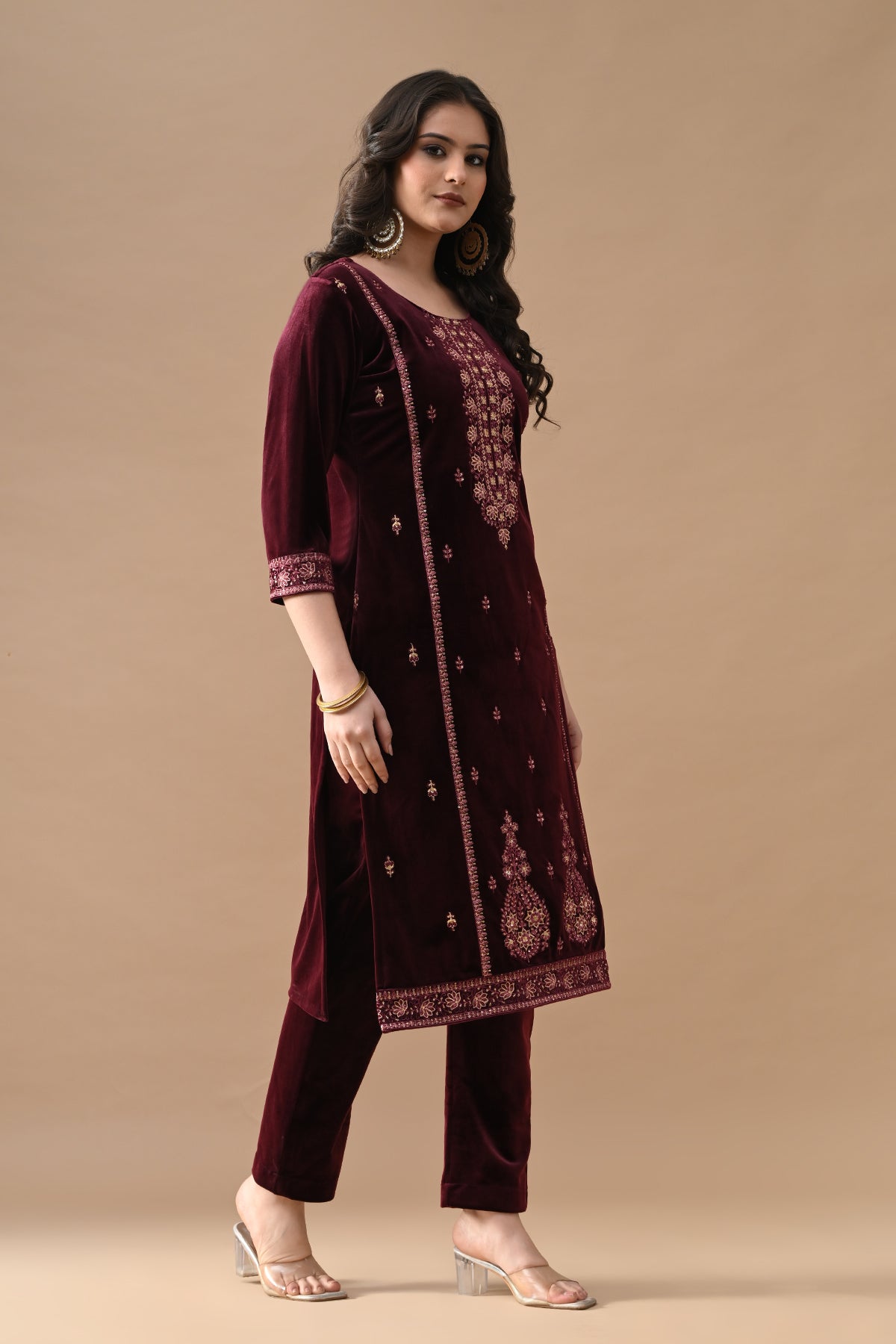 Maroon Embroidered Velvet Straight Kurta Set