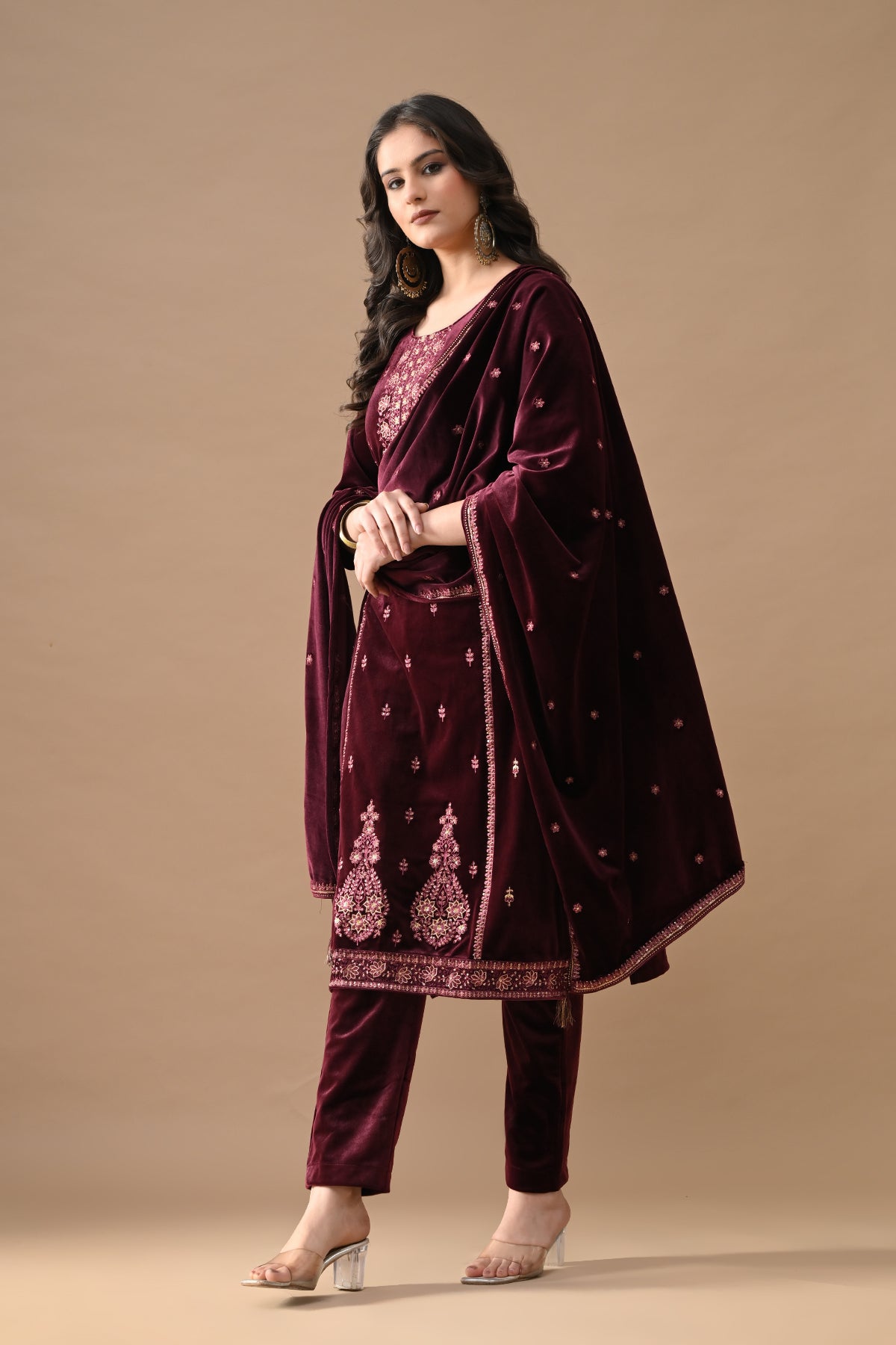 Maroon Embroidered Velvet Kurta 3 Pcs Set