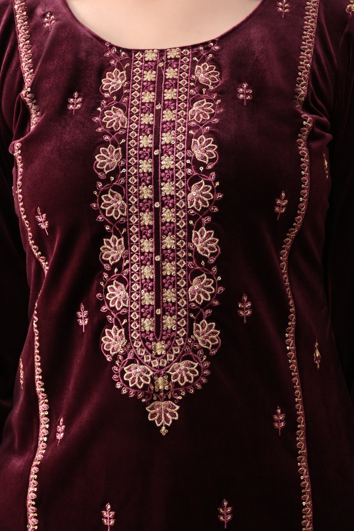 Maroon Embroidered Velvet Kurta 3 Pcs Set