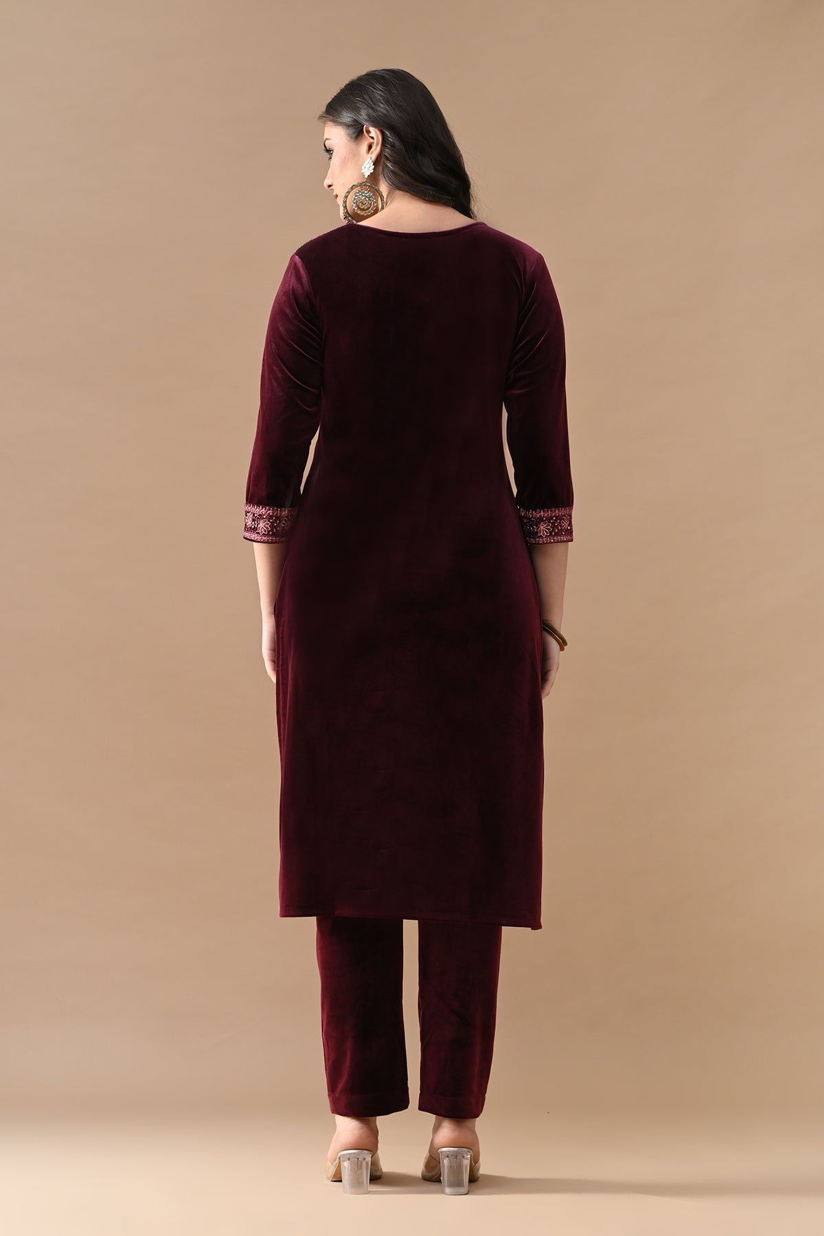 Maroon Embroidered Velvet Kurta 3 Pcs Set
