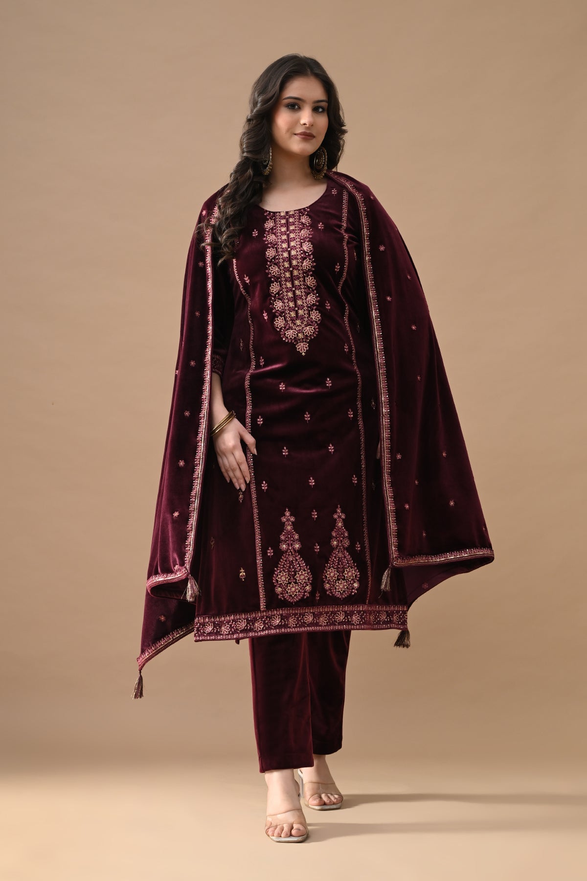 Maroon Embroidered Velvet Kurta 3 Pcs Set