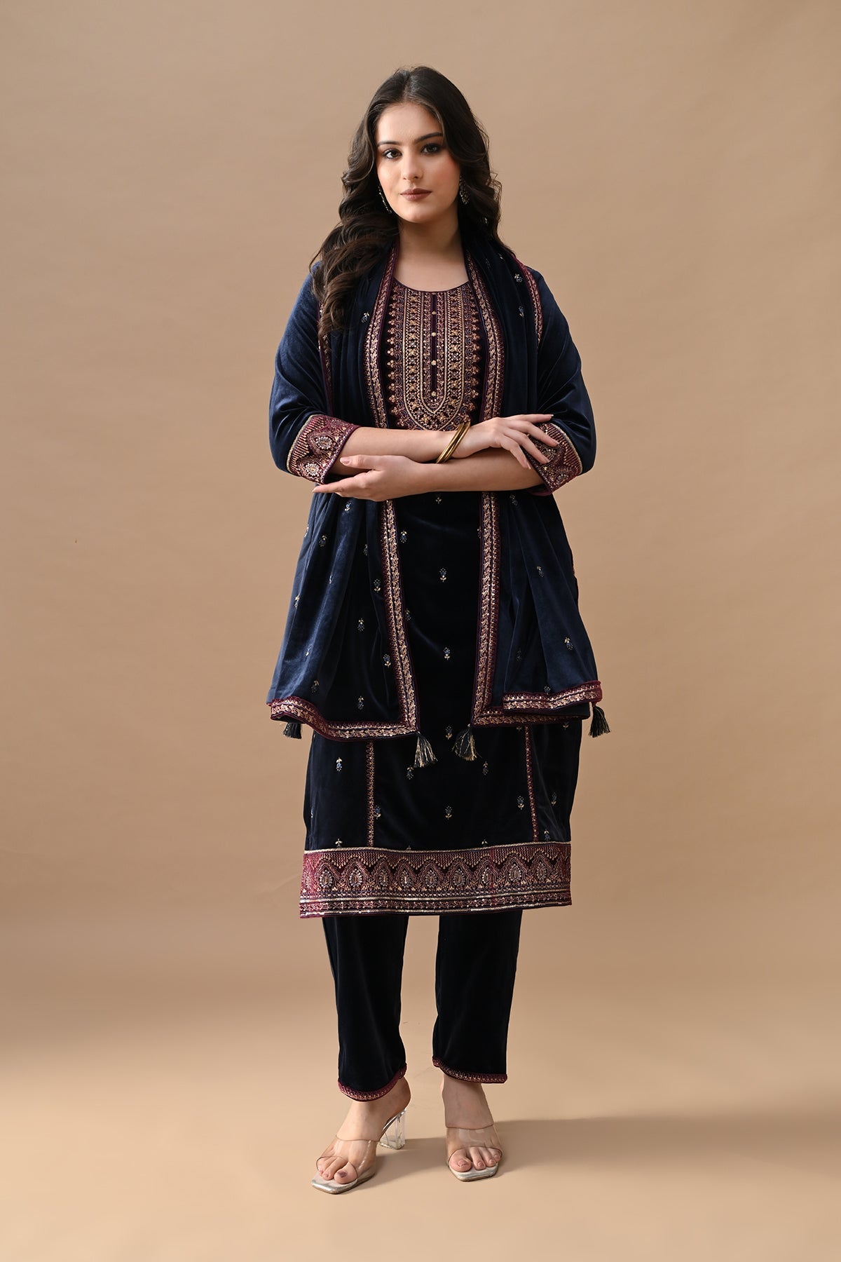 Blue Zari Embroidered Kurta 3 Pcs Set