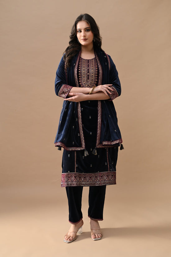 Blue Zari Embroidered Kurta Set (3 Piece)