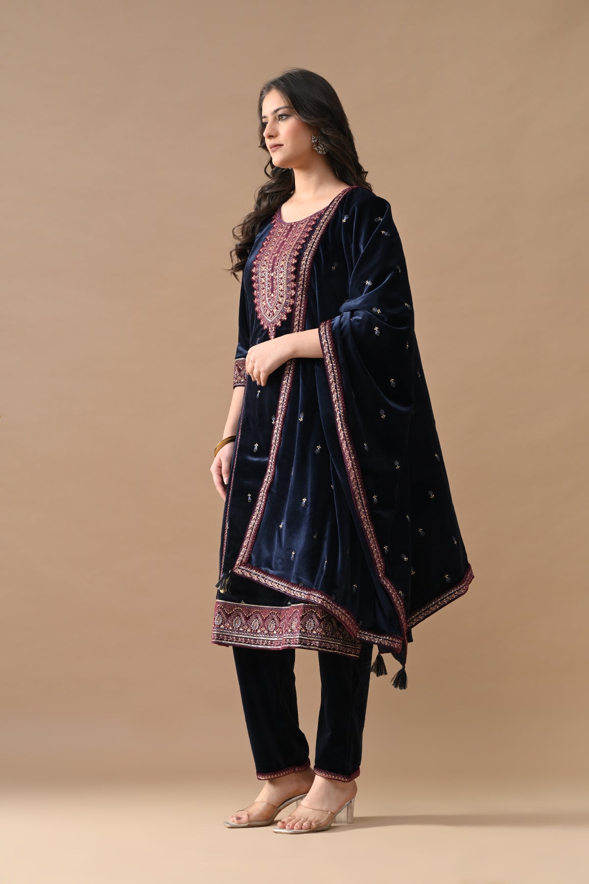 Blue Zari Embroidered Kurta 3 Pcs Set