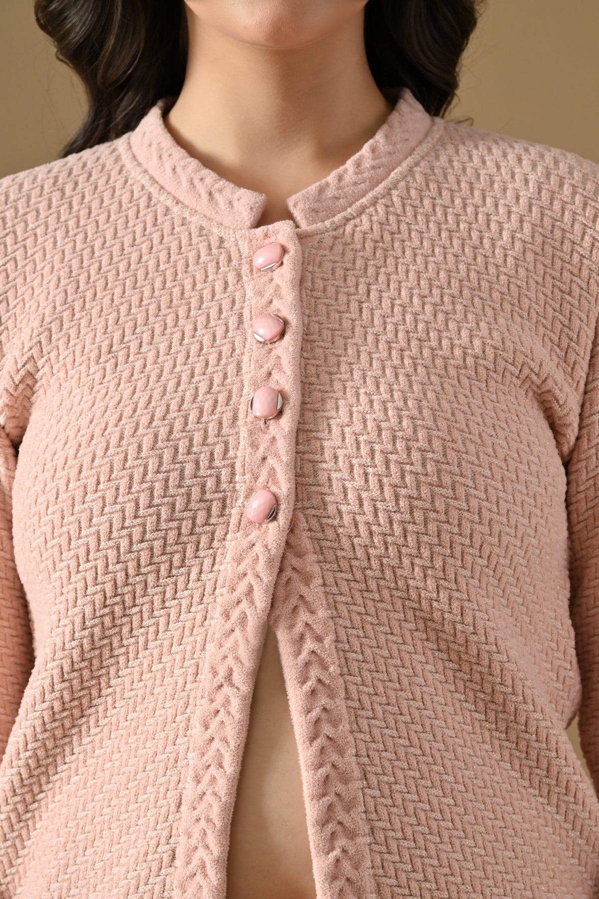 Winter Baby-Pink Knitted Mandarin Collar Cardigan