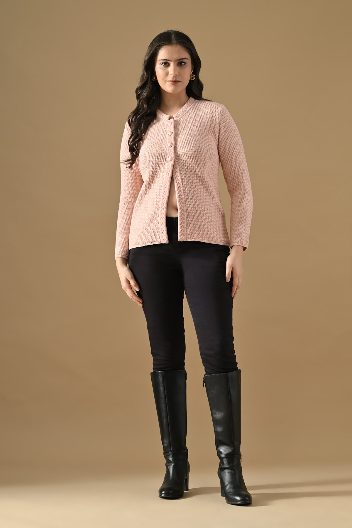 Winter Baby-Pink Knitted Mandarin Collar Cardigan