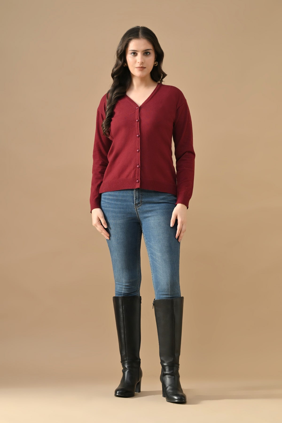 Winter Maroon Woven V-Neck Cardigan