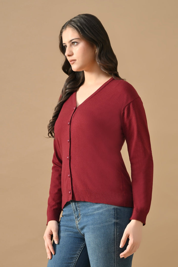 Winter Maroon Woven V-Neck Cardigan