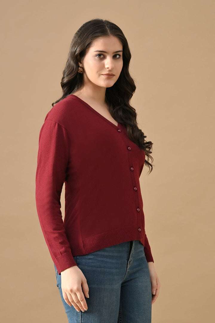 Winter Maroon Woven V-Neck Cardigan