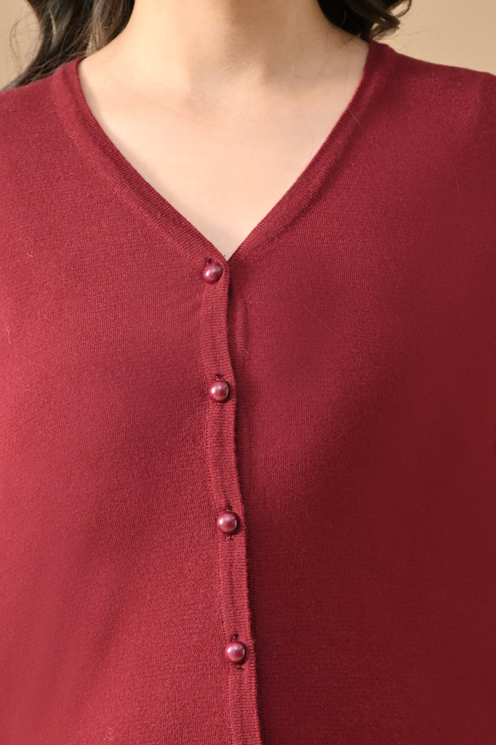 Winter Maroon Woven V-Neck Cardigan