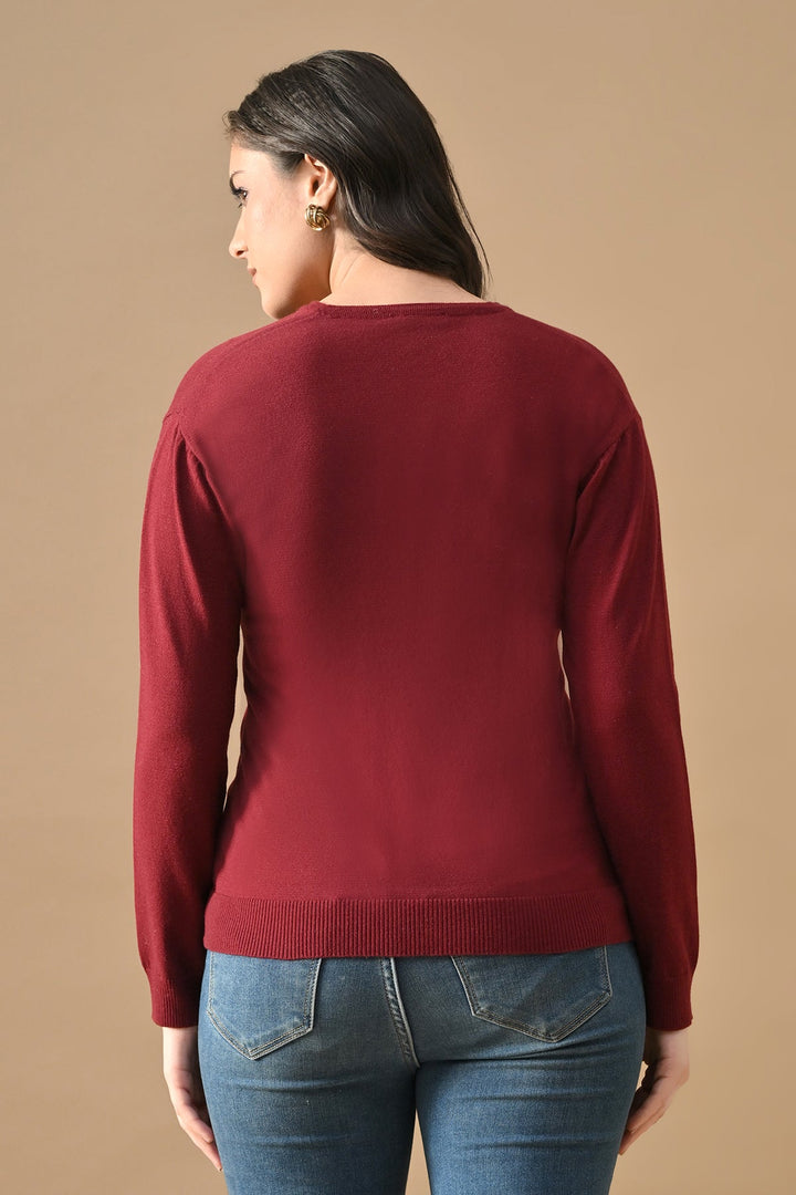 Winter Maroon Woven V-Neck Cardigan