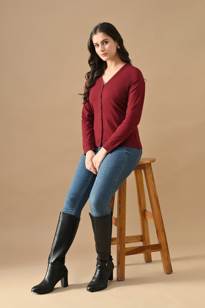 Winter Maroon Woven V-Neck Cardigan