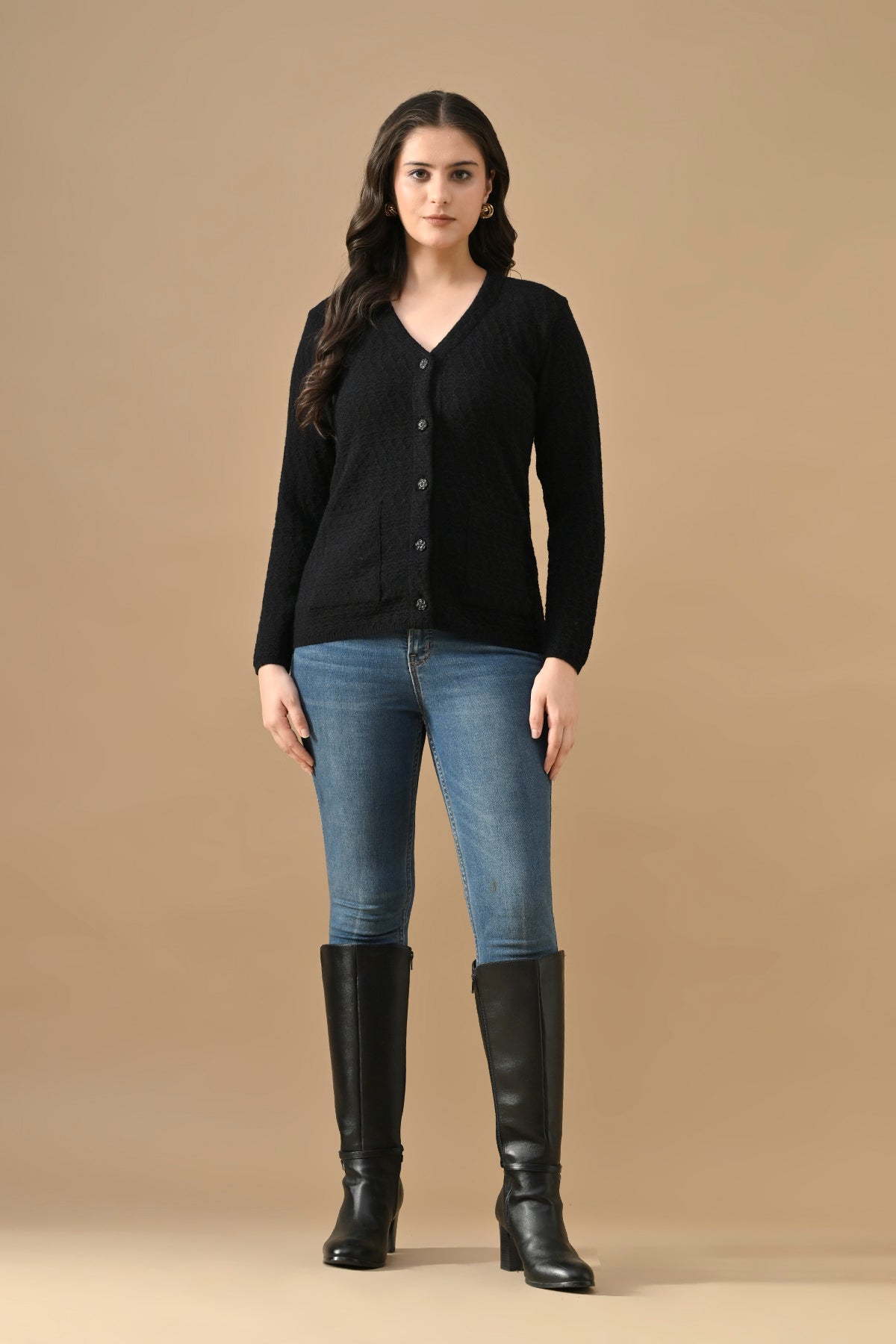 Winter Black Knitted V-Neck Cardigan