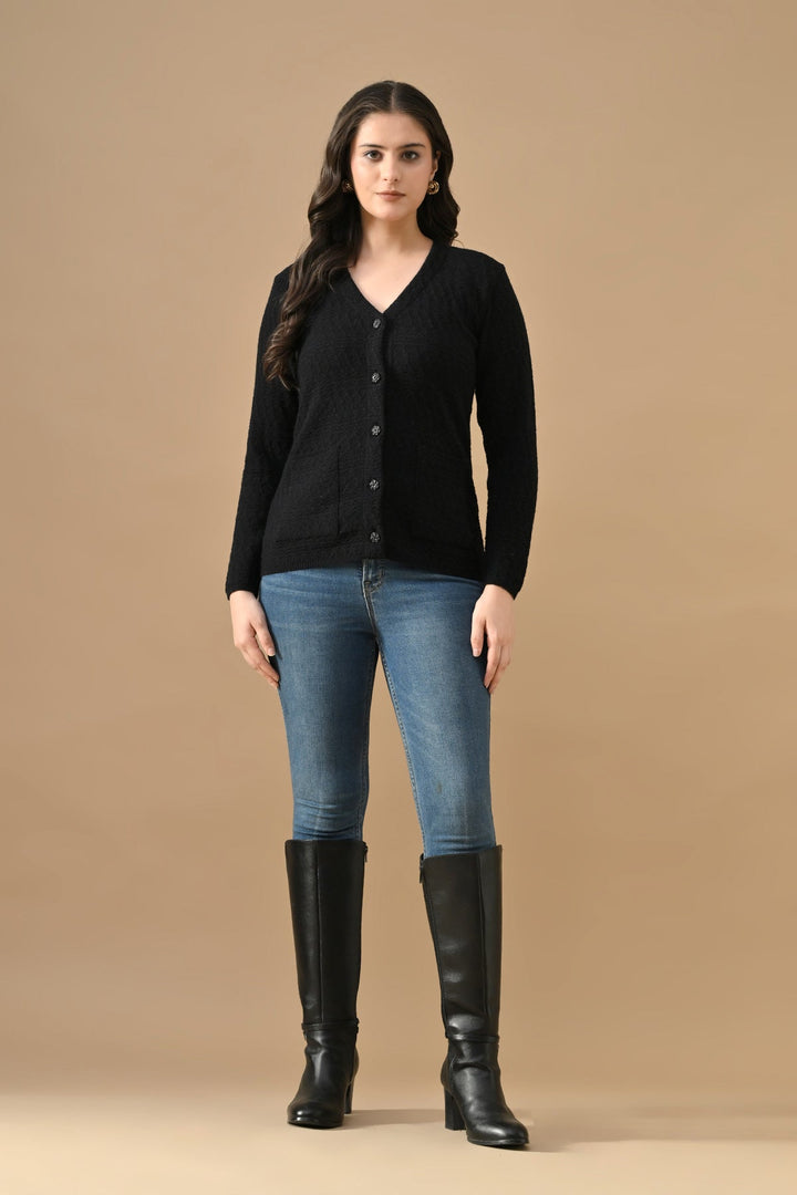 Winter Black Knitted V-Neck Cardigan