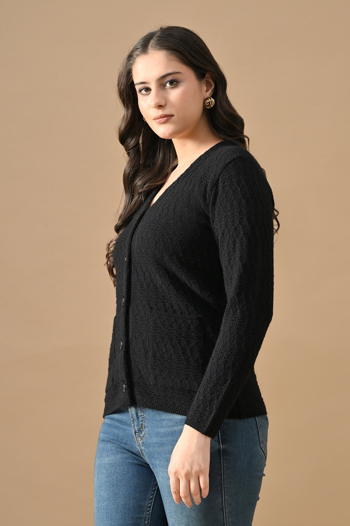 Winter Black Knitted V-Neck Cardigan