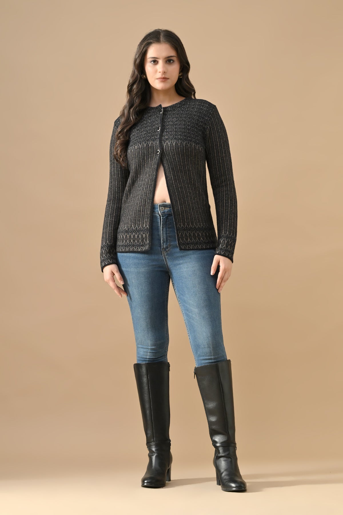 Winter Black Woven Round Neck Cardigan