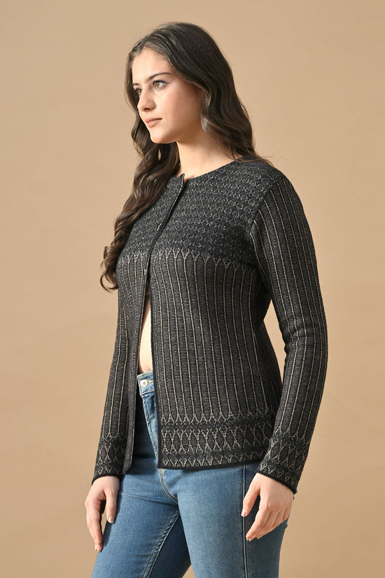 Winter Black Woven Round Neck Cardigan