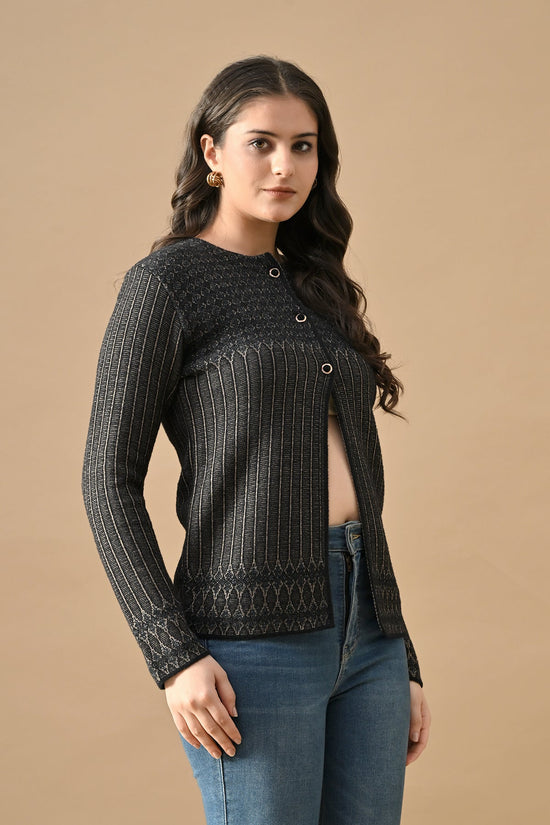 Winter Black Woven Round Neck Cardigan