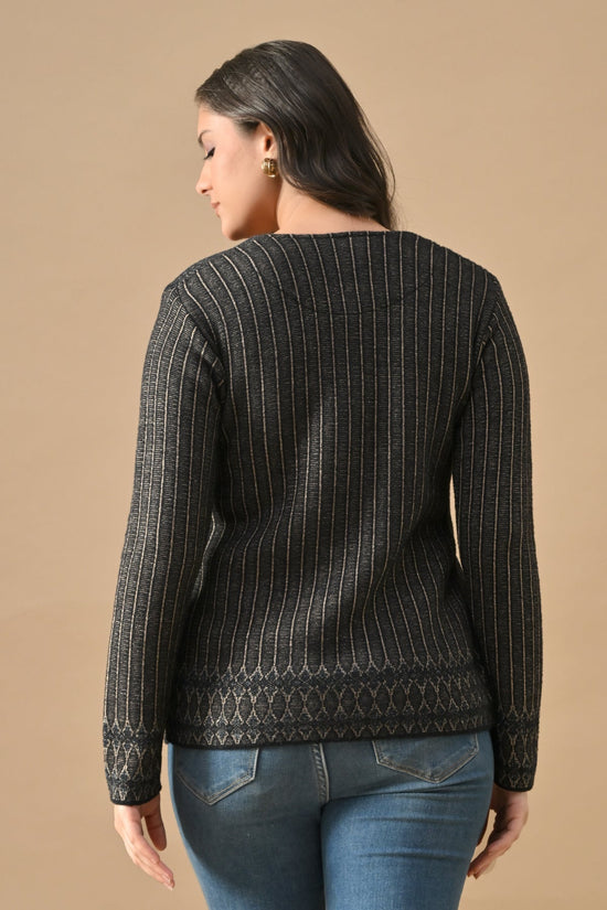 Winter Black Woven Round Neck Cardigan