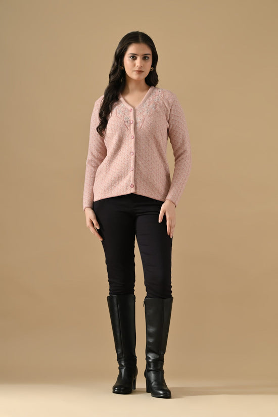 Winter Pink Woven Stone Embellishment V-Neck Cardigan