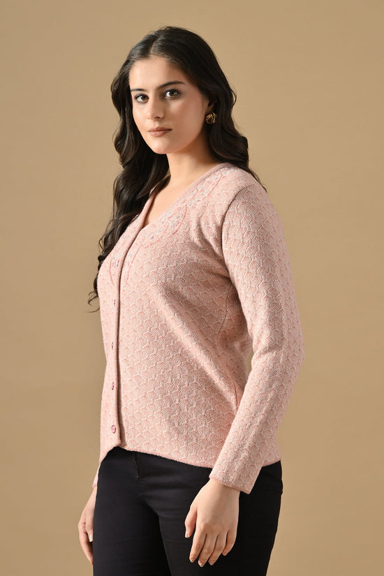 Winter Pink Woven Stone Embellishment V-Neck Cardigan
