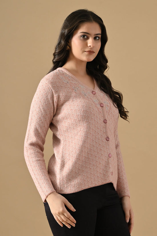 Winter Pink Woven Stone Embellishment V-Neck Cardigan