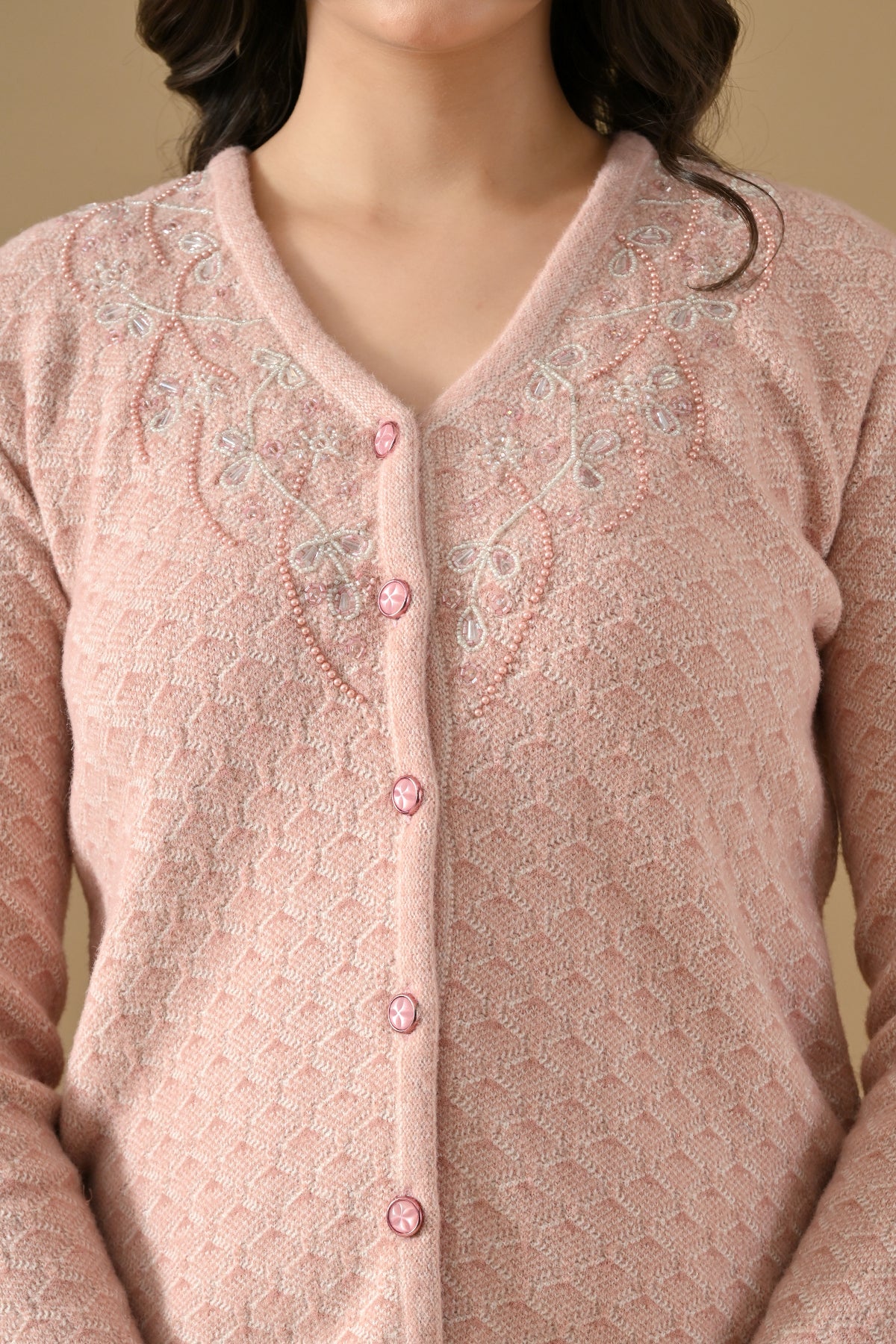 Winter Pink Woven Stone Embellishment V-Neck Cardigan