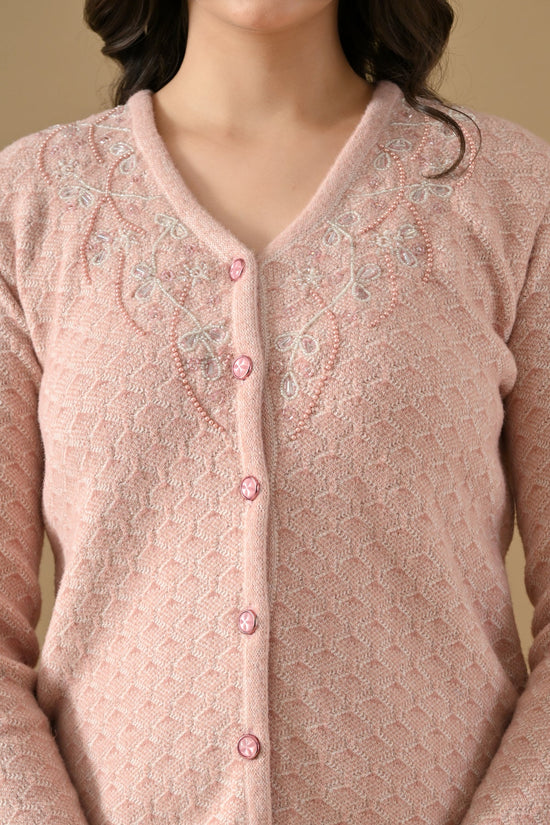 Winter Pink Woven Stone Embellishment V-Neck Cardigan