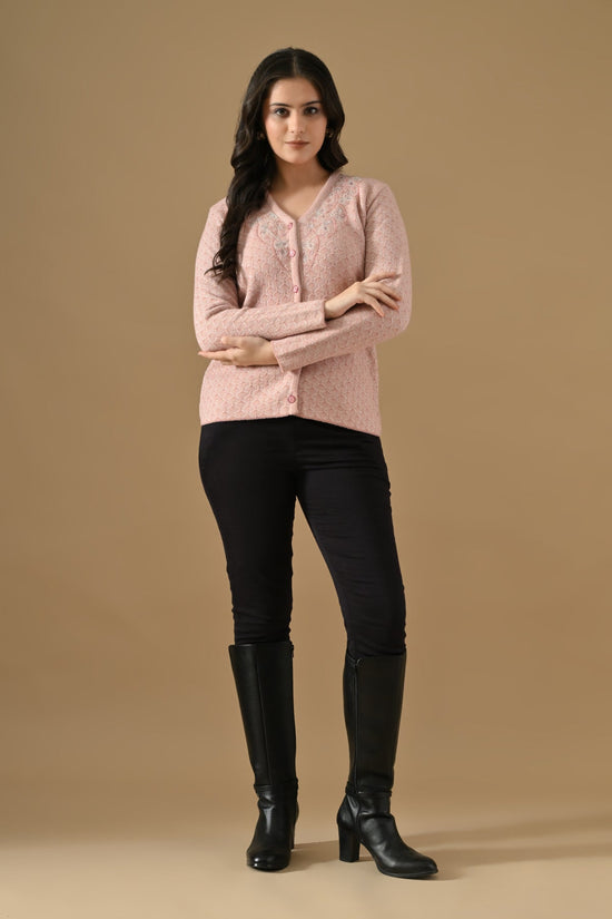 Winter Pink Woven Stone Embellishment V-Neck Cardigan