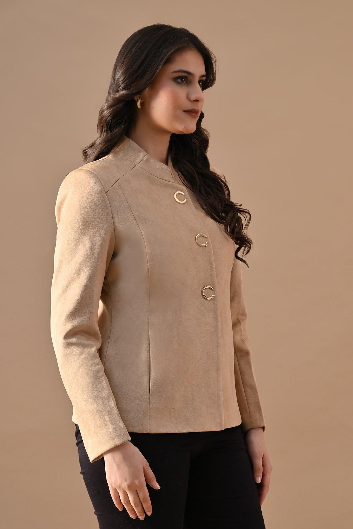 Winter Fawn Mandarin Collar Neck Overcoat