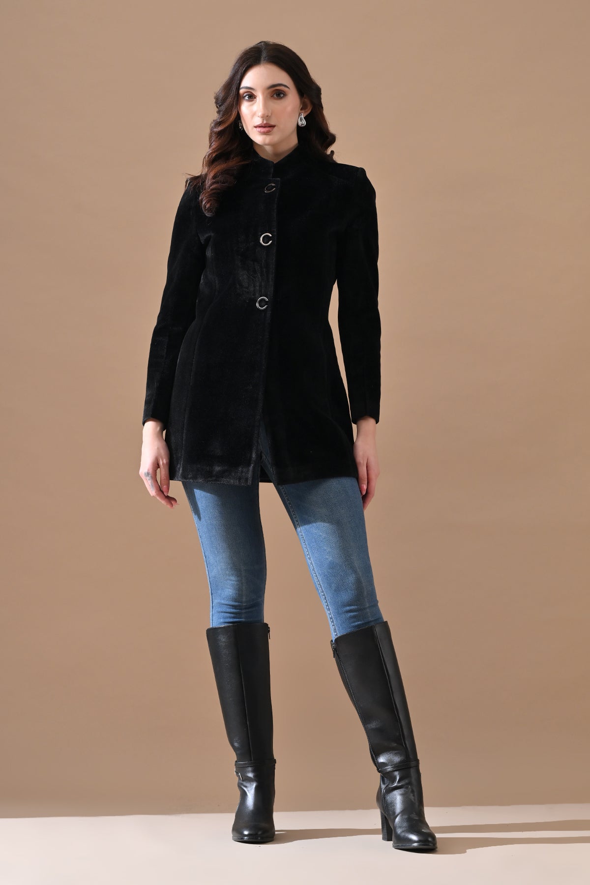 Winter Black Solid Mandarin Collar Neck Overcoat