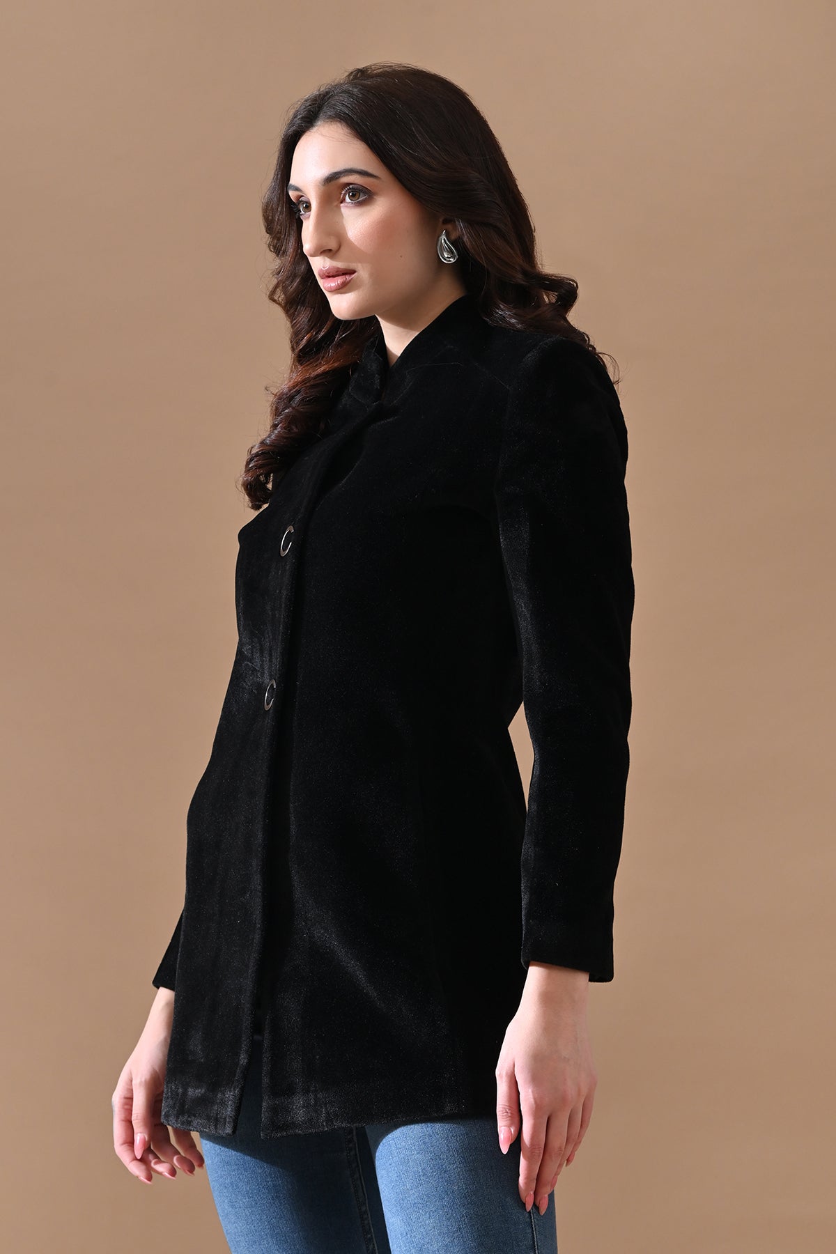 Winter Black Solid Mandarin Collar Neck Overcoat