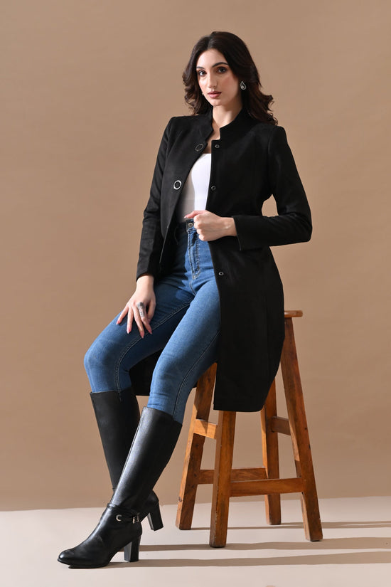 Winter Black Solid Mandarin Collar Neck Overcoat