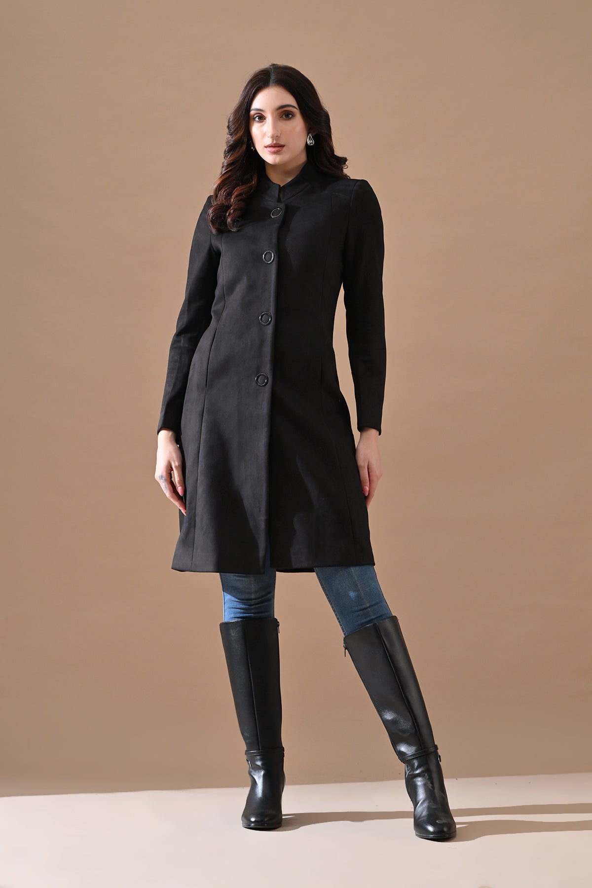 Winter Black Classic Mandarin Collar Neck Overcoat