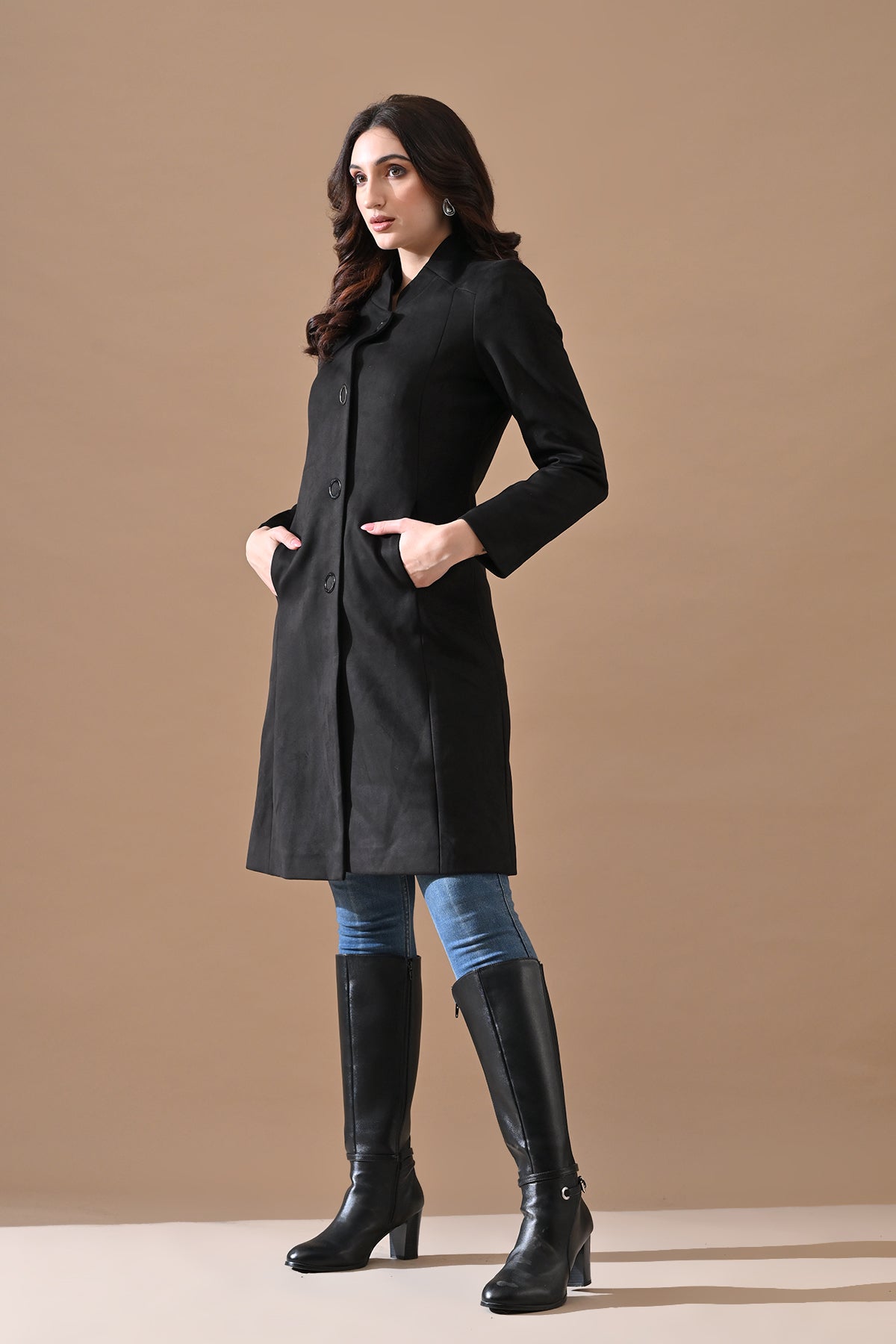 Winter Black Classic Mandarin Collar Neck Overcoat