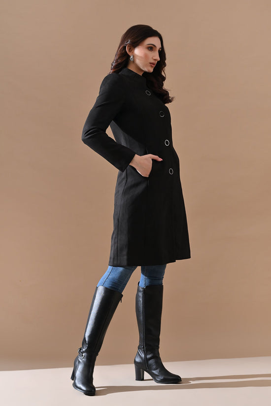 Winter Black Classic Mandarin Collar Neck Overcoat