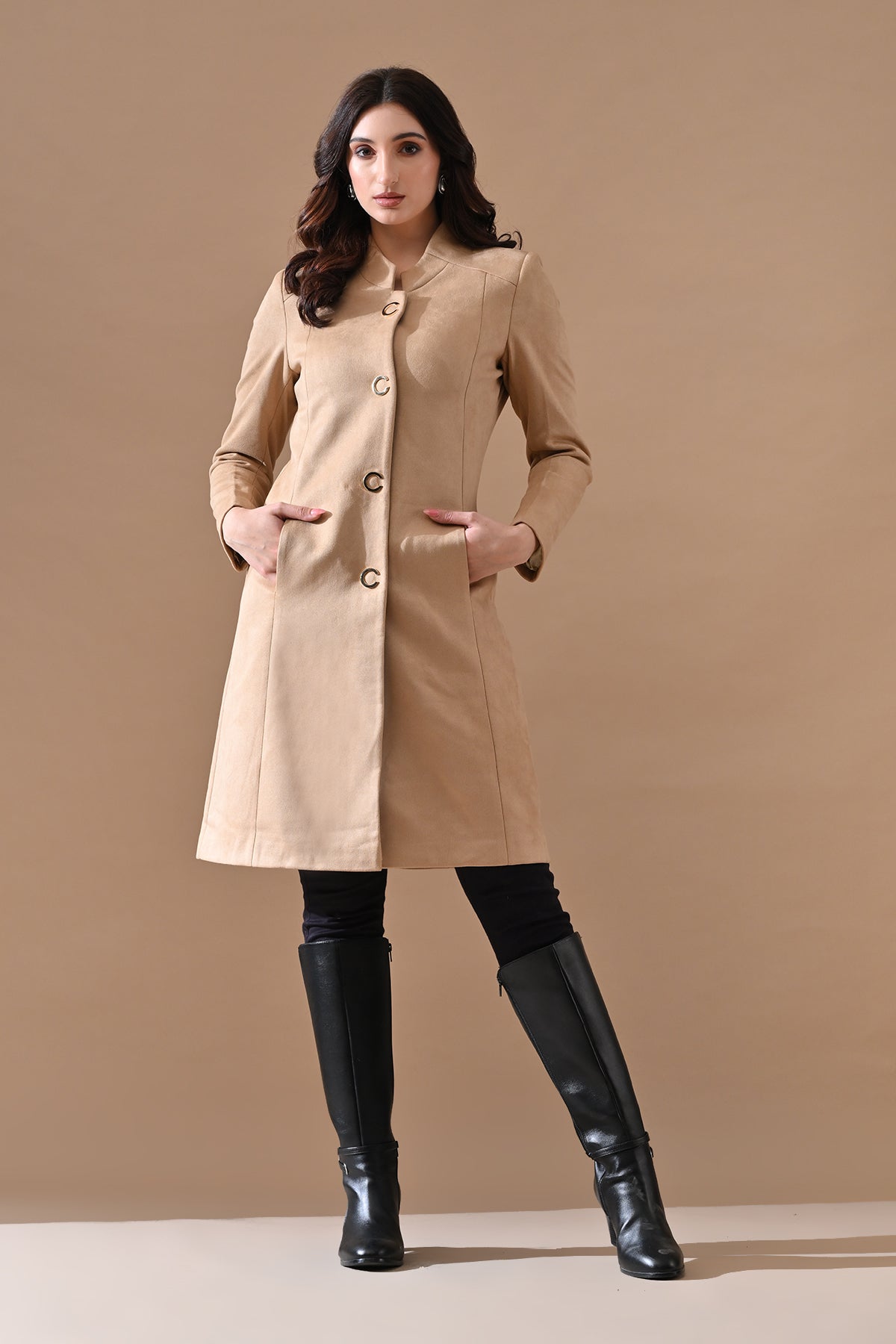 Winter Fawn Classic Mandarin Collar Neck Overcoat