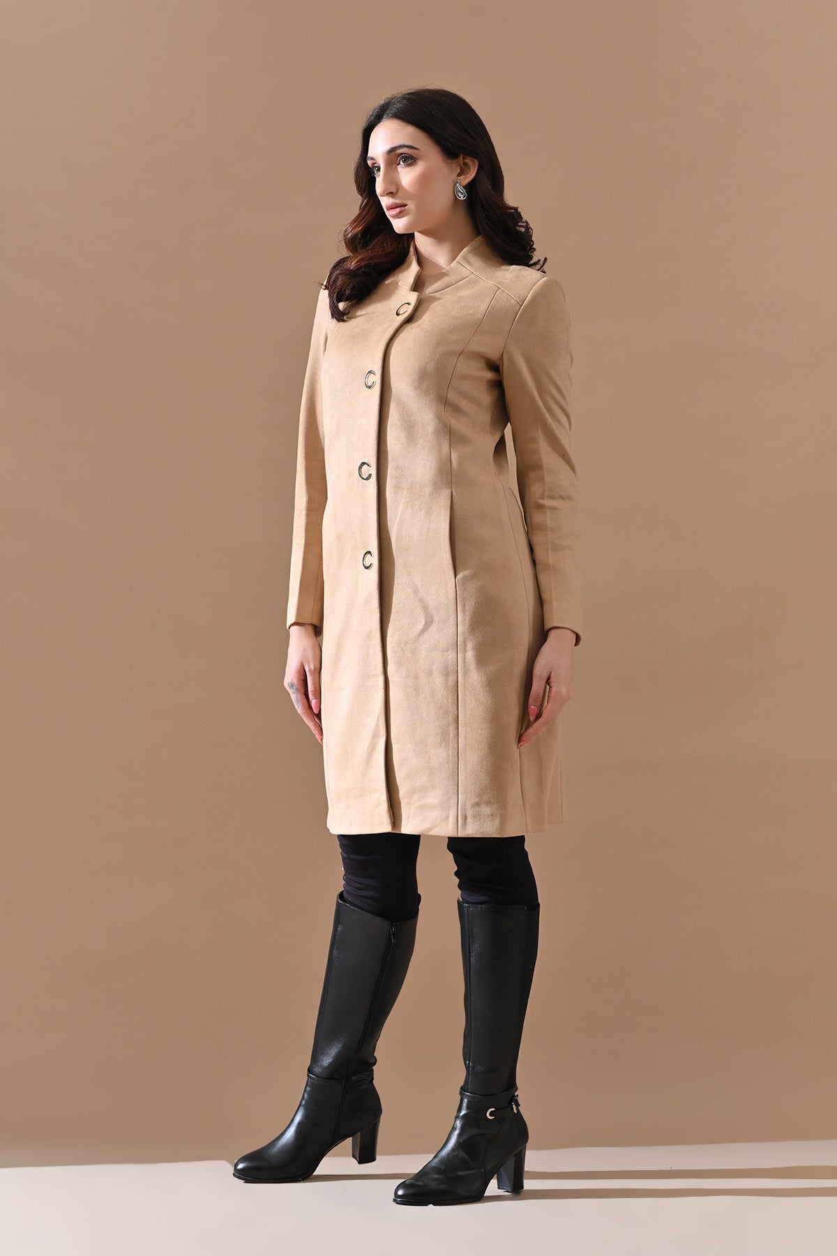 Winter Fawn Classic Mandarin Collar Neck Overcoat