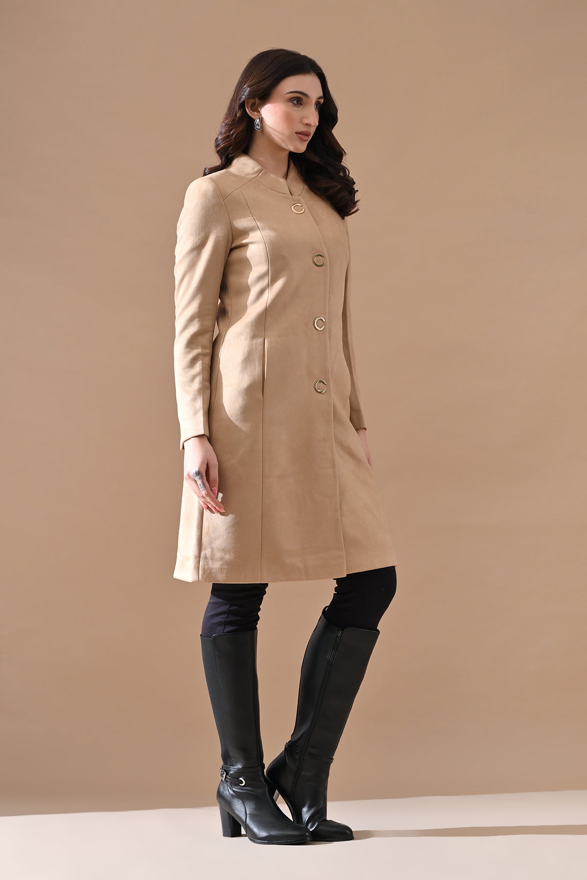 Winter Fawn Classic Mandarin Collar Neck Overcoat